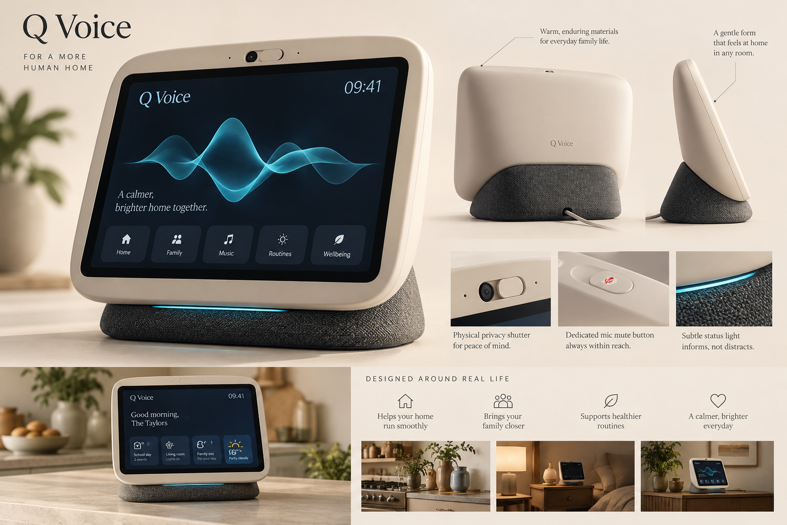 Q Voice 產品正面、背面、側面概念與隱私控制細節
